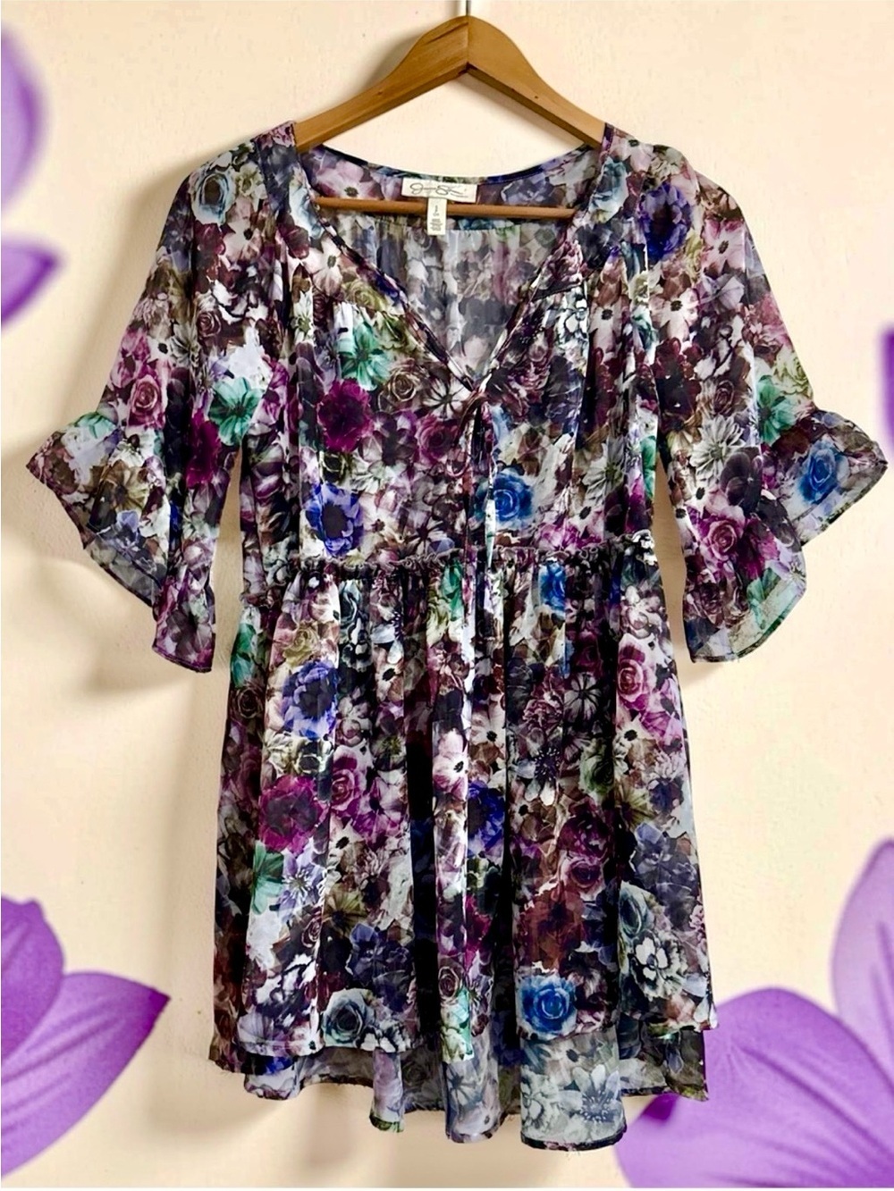 Jessica Simpson dark purple moody Floral V-Neck Ruffle bell sleeved tunic,Gypsy